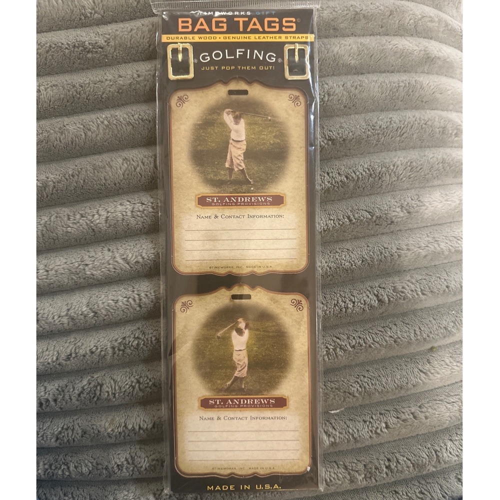 Timeworks Gift Bag Tags Golfing Durable Wood Genuine Leather Straps St Andrews